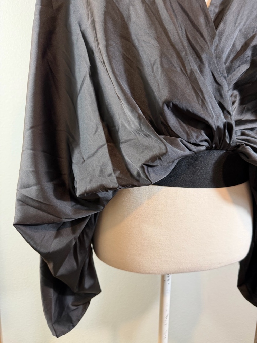 Black Satin Draped Open Back Blouse Size L Dolman Kimono Sleeve Minimalist Goth - Picture 4 of 12